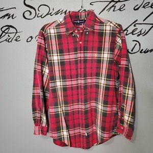 Vintage 90s Ralph Lauren Red Plaid Long Sleeve Button Down Shirt Gold Pony